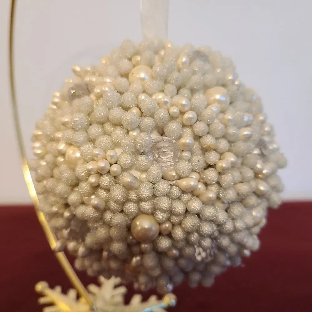 Faux Pearl Ornament Crystal Shimmer Bead Encrusted Oversize With Tulle Ribbon